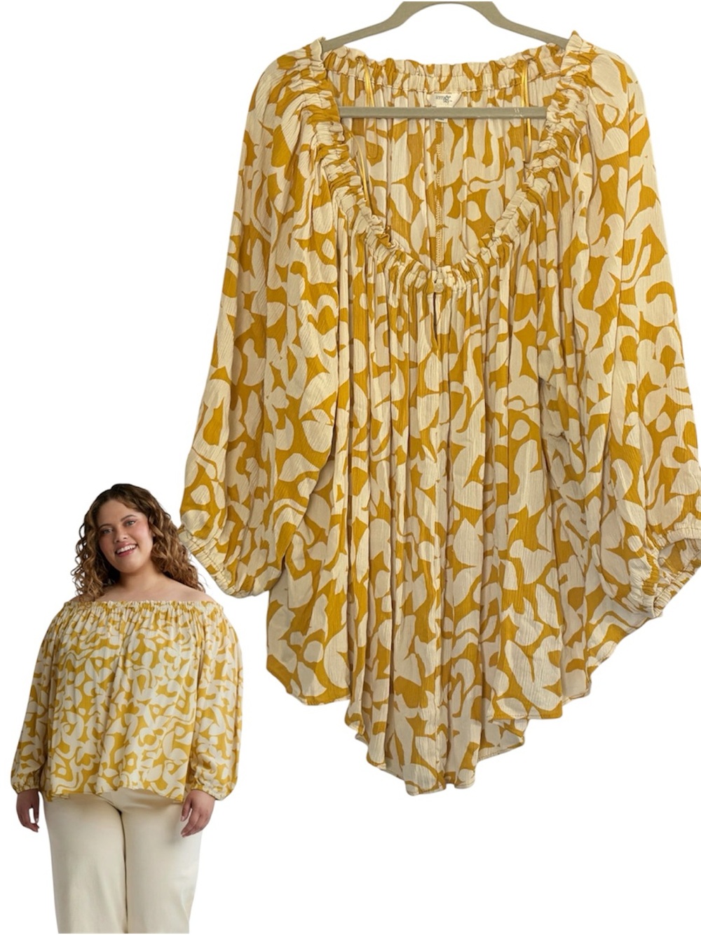 Terra & Sky Mustard Yellow Floral Off the Shoulder Peasant LS Top 2X NWT Resort